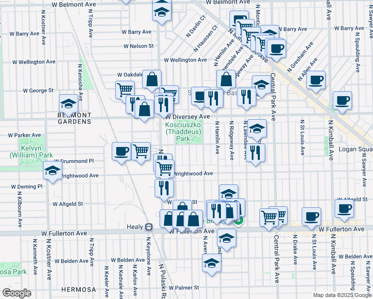 map of restaurants, bars, coffee shops, grocery stores, and more near 2642 North Springfield Avenue in Chicago