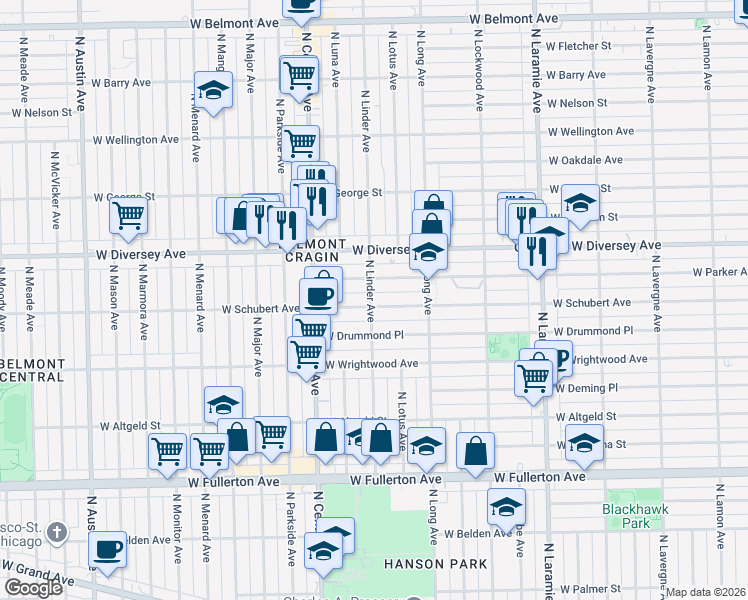 map of restaurants, bars, coffee shops, grocery stores, and more near 5454 West Schubert Avenue in Chicago
