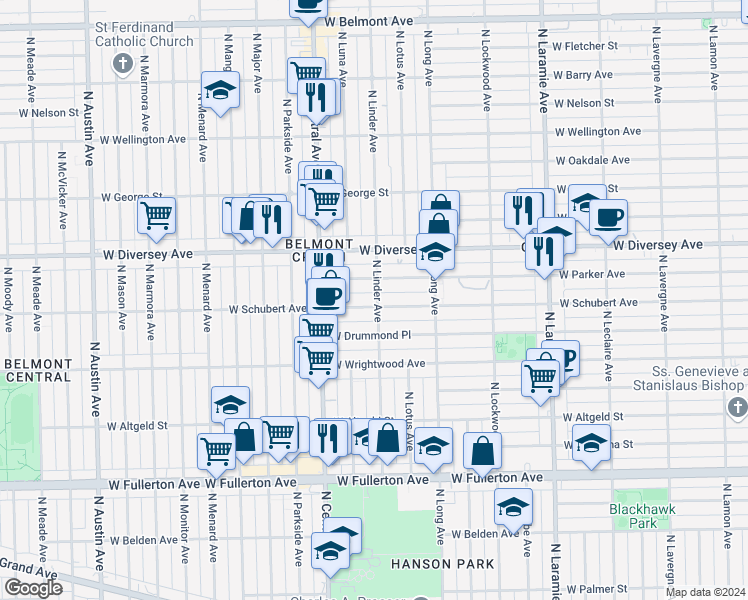 map of restaurants, bars, coffee shops, grocery stores, and more near 5454 West Schubert Avenue in Chicago