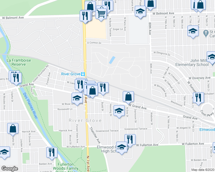 map of restaurants, bars, coffee shops, grocery stores, and more near 2734 Hessing Street in River Grove