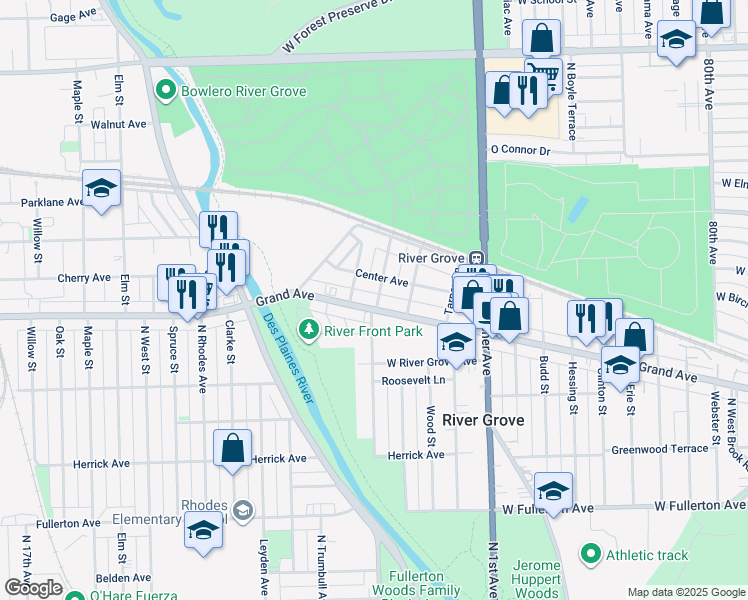 map of restaurants, bars, coffee shops, grocery stores, and more near 8550 Grand Avenue in River Grove