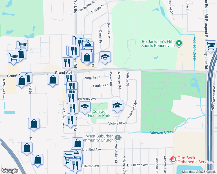 map of restaurants, bars, coffee shops, grocery stores, and more near 11450 Crown Road in Elmhurst