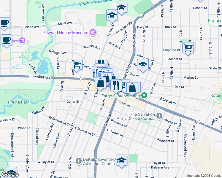 map of restaurants, bars, coffee shops, grocery stores, and more near in DeKalb