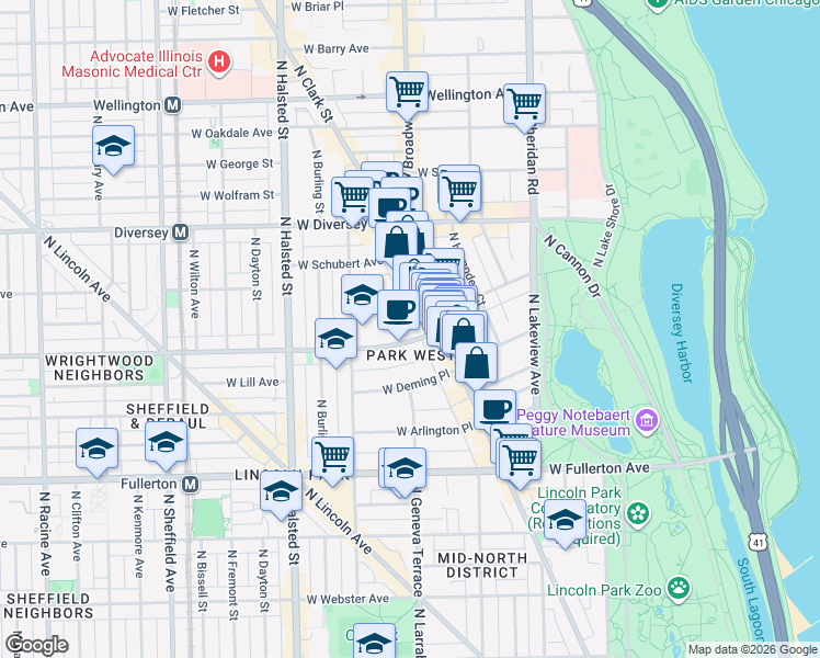 map of restaurants, bars, coffee shops, grocery stores, and more near 632 West Wrightwood Avenue in Chicago