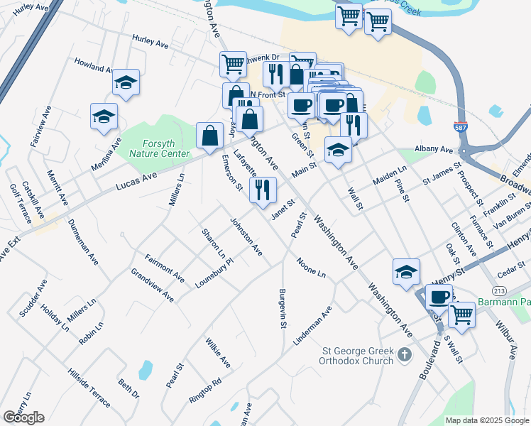 map of restaurants, bars, coffee shops, grocery stores, and more near 56 Emerson Street in Kingston