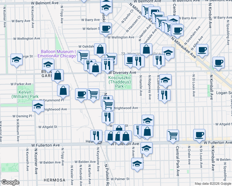 map of restaurants, bars, coffee shops, grocery stores, and more near 2644 North Harding Avenue in Chicago