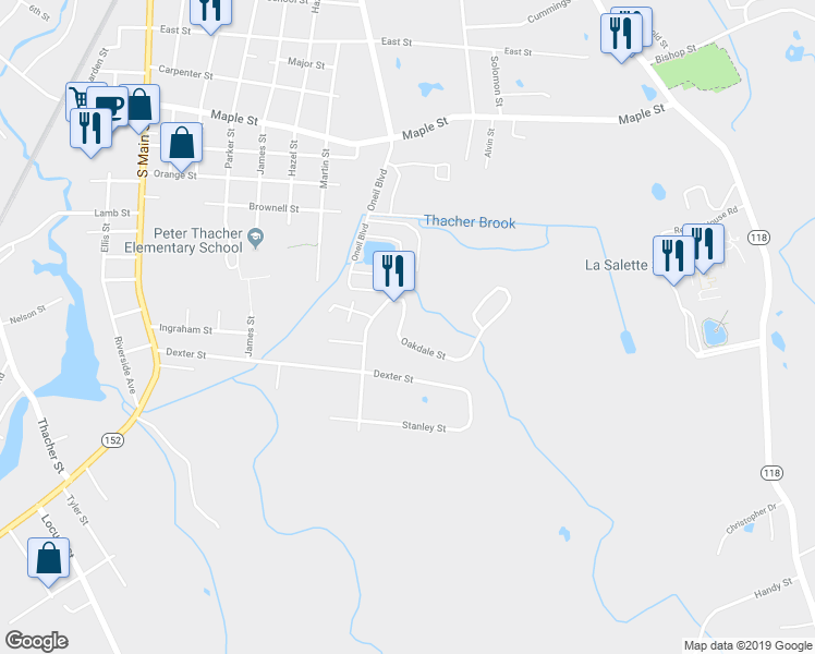 map of restaurants, bars, coffee shops, grocery stores, and more near 70 Oakdale Street in Attleboro