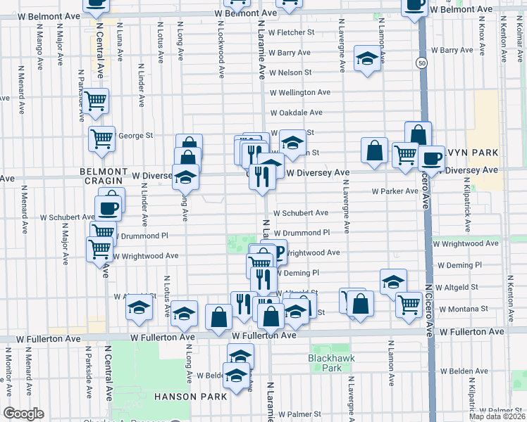 map of restaurants, bars, coffee shops, grocery stores, and more near 5153 West Schubert Avenue in Chicago