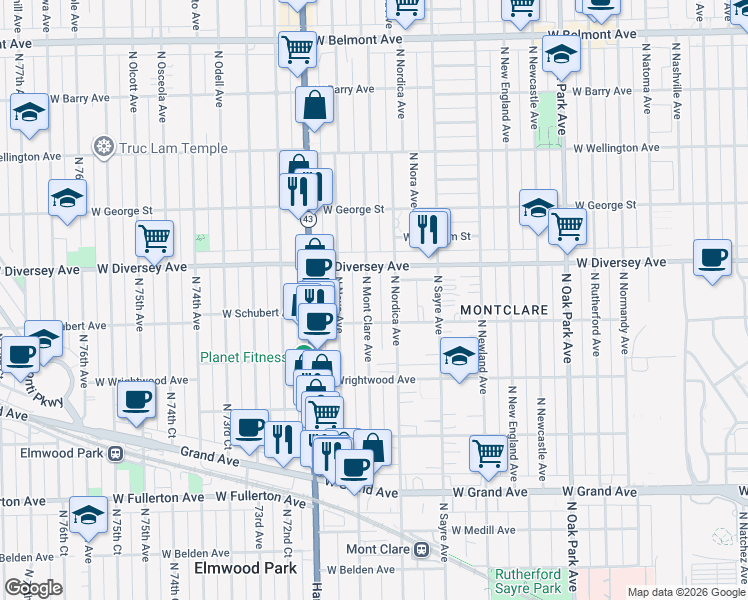 map of restaurants, bars, coffee shops, grocery stores, and more near 2725 North Mont Clare Avenue in Chicago