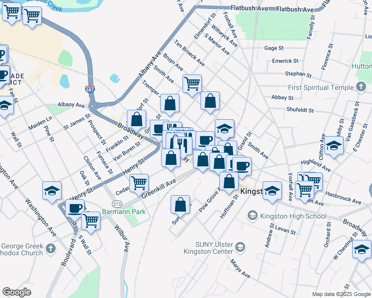 map of restaurants, bars, coffee shops, grocery stores, and more near 594 Broadway in Kingston