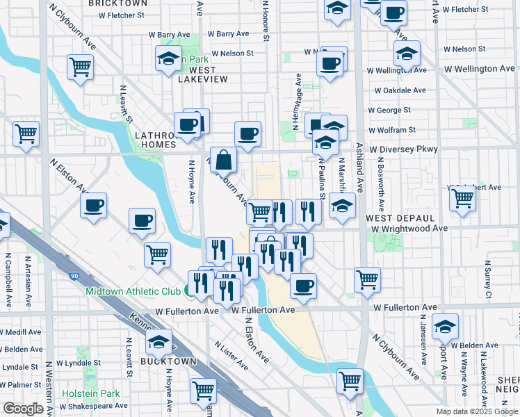 map of restaurants, bars, coffee shops, grocery stores, and more near 2626 North Clybourn Avenue in Chicago