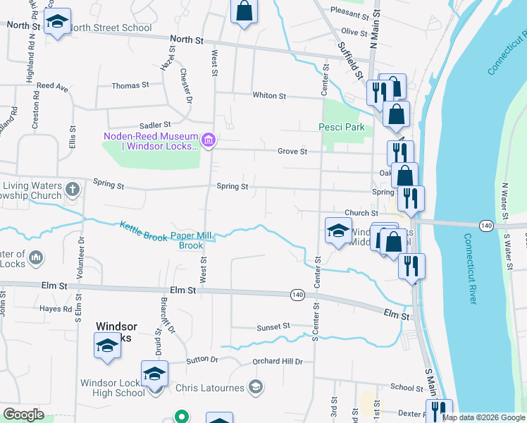map of restaurants, bars, coffee shops, grocery stores, and more near 15 Cherry Street in Windsor Locks