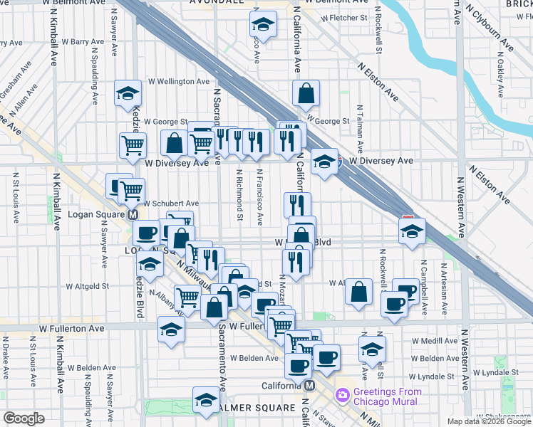 map of restaurants, bars, coffee shops, grocery stores, and more near 2626 North Mozart Street in Chicago