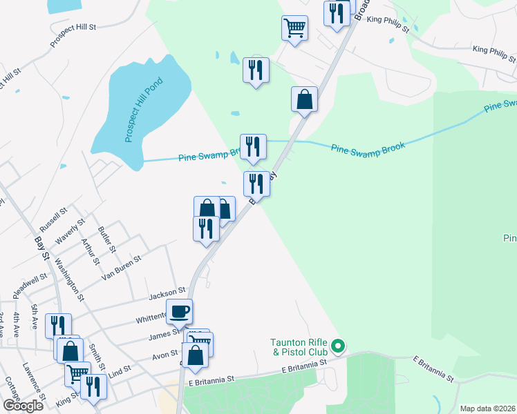 map of restaurants, bars, coffee shops, grocery stores, and more near 447 Broadway in Taunton