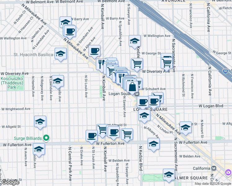 map of restaurants, bars, coffee shops, grocery stores, and more near 2634 North Spaulding Avenue in Chicago