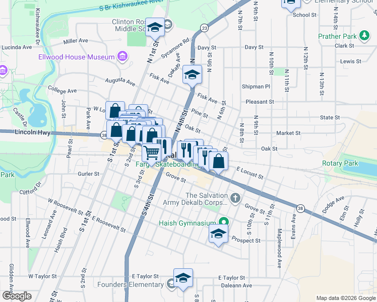 map of restaurants, bars, coffee shops, grocery stores, and more near 400-598 E Locust St in DeKalb