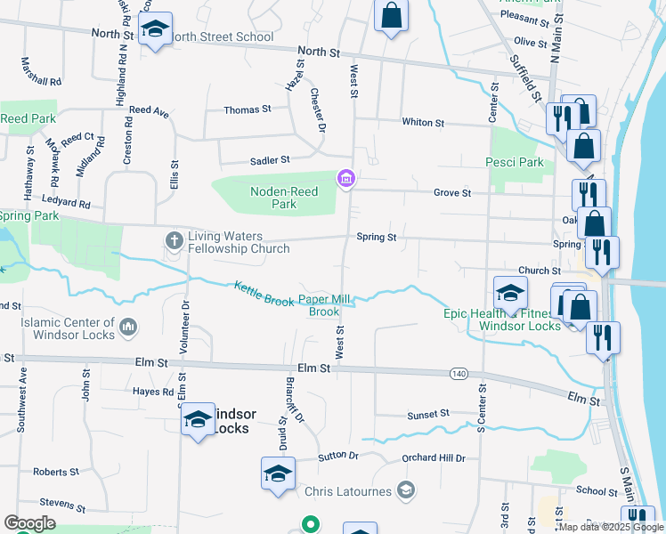 map of restaurants, bars, coffee shops, grocery stores, and more near 34 West Street in Windsor Locks