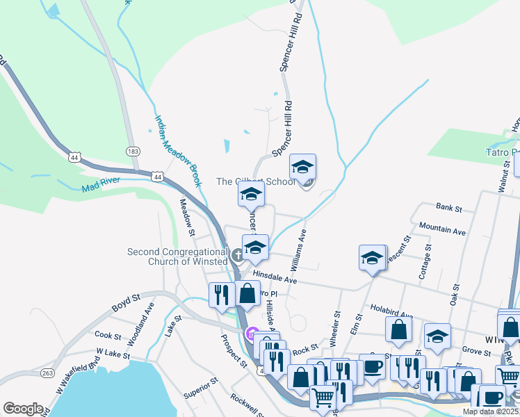map of restaurants, bars, coffee shops, grocery stores, and more near 88 Spencer Street in Winsted