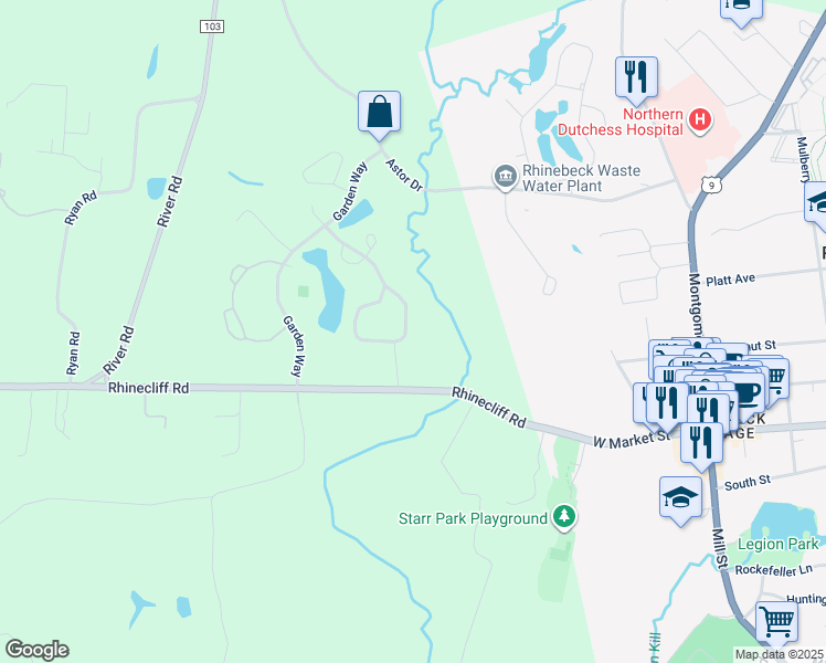 map of restaurants, bars, coffee shops, grocery stores, and more near 122 Sandalwood Lane in Rhinebeck