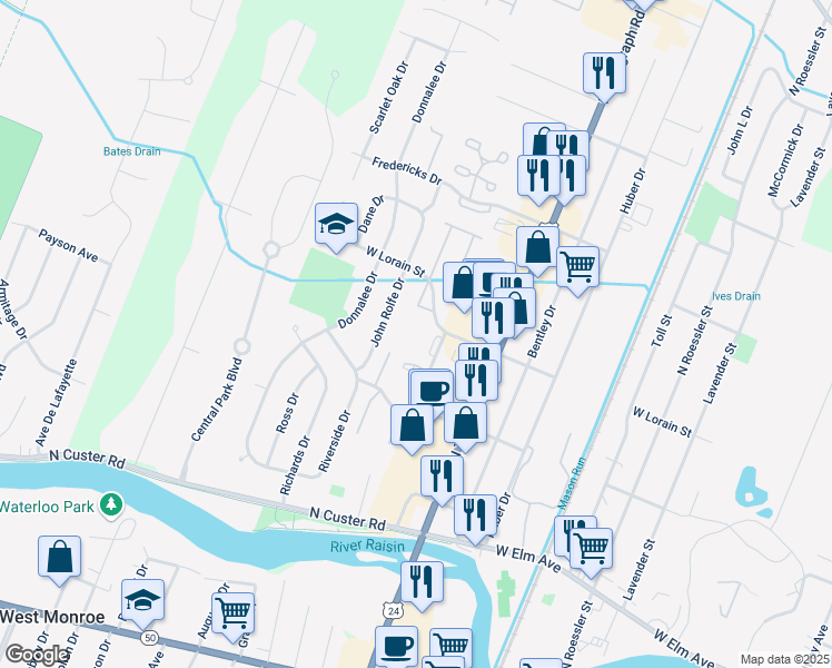 map of restaurants, bars, coffee shops, grocery stores, and more near 481 Village Green Lane in Monroe