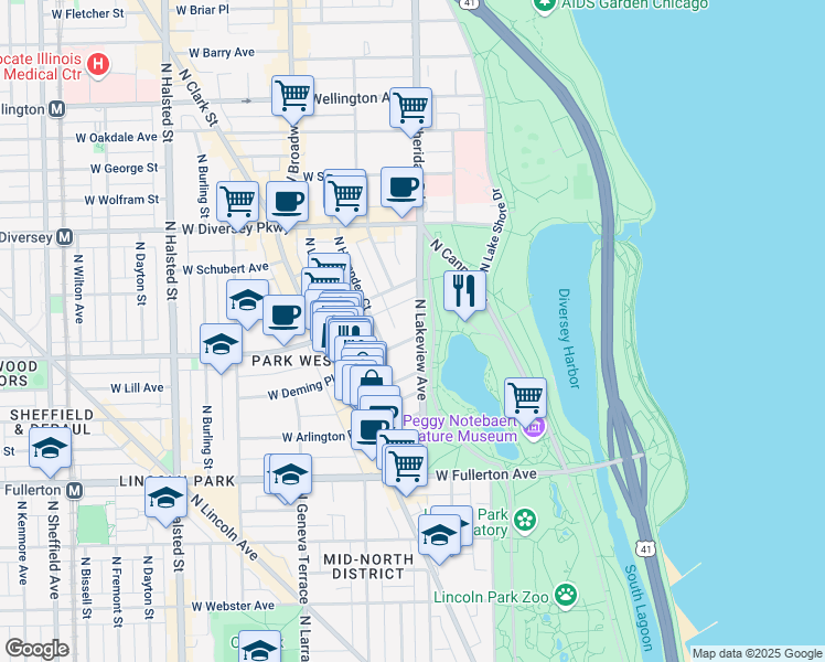 map of restaurants, bars, coffee shops, grocery stores, and more near 2748 North Stockton Drive in Chicago
