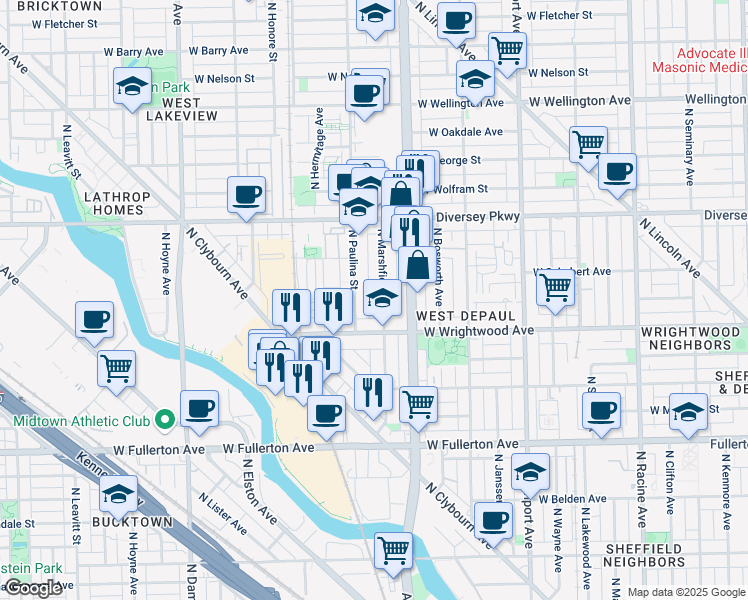 map of restaurants, bars, coffee shops, grocery stores, and more near 2627 North Paulina Street in Chicago