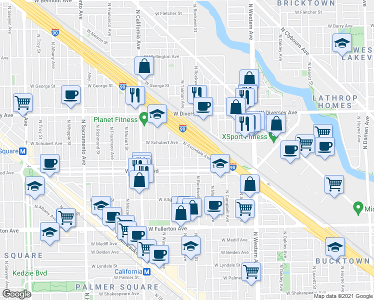 map of restaurants, bars, coffee shops, grocery stores, and more near 2626 North Rockwell Street in Chicago