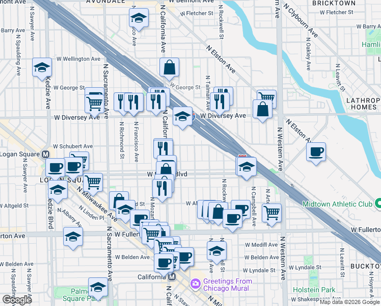 map of restaurants, bars, coffee shops, grocery stores, and more near 2623N North Fairfield Avenue in Chicago