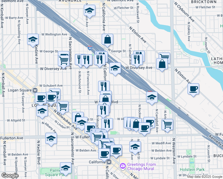 map of restaurants, bars, coffee shops, grocery stores, and more near 2623N North Fairfield Avenue in Chicago