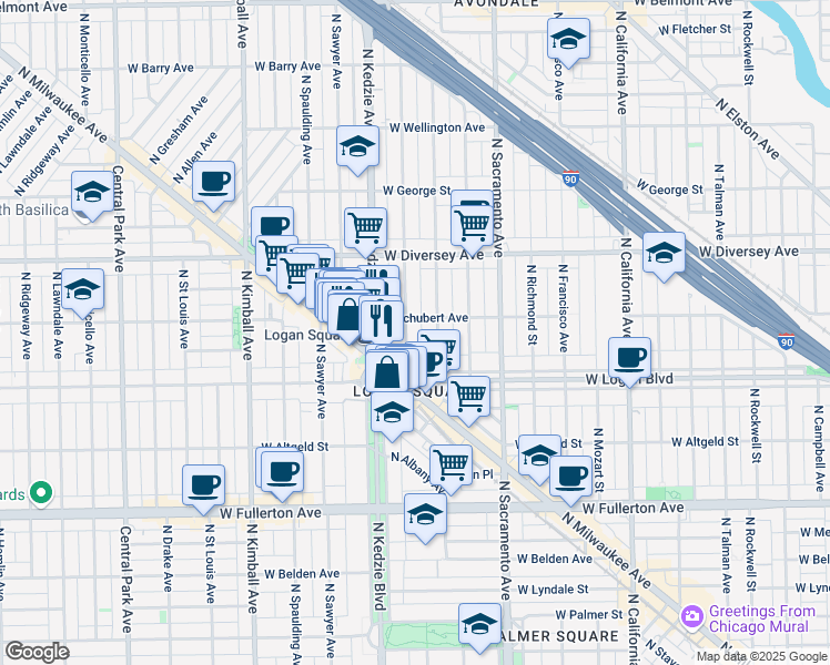 map of restaurants, bars, coffee shops, grocery stores, and more near 2628 North Troy Street in Chicago
