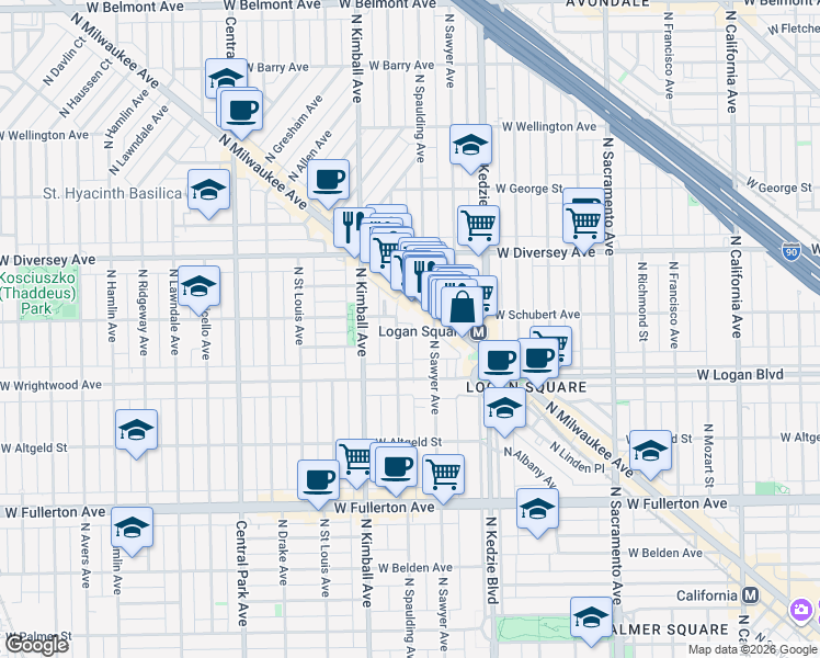 map of restaurants, bars, coffee shops, grocery stores, and more near 2634 North Spaulding Avenue in Chicago