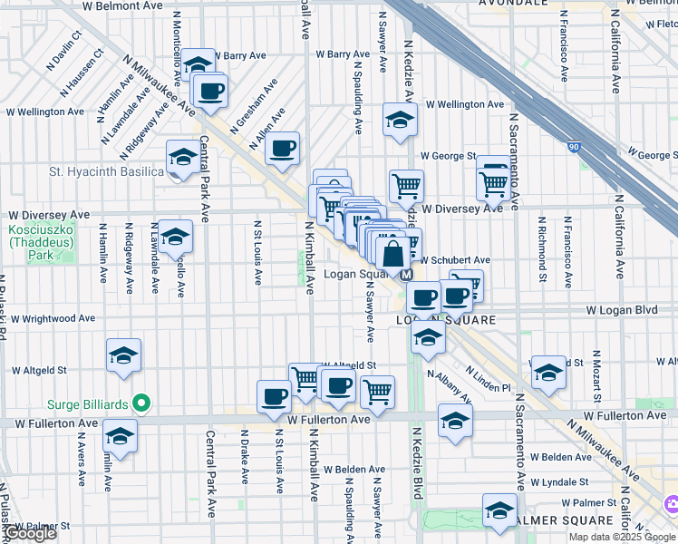 map of restaurants, bars, coffee shops, grocery stores, and more near 2634 North Spaulding Avenue in Chicago