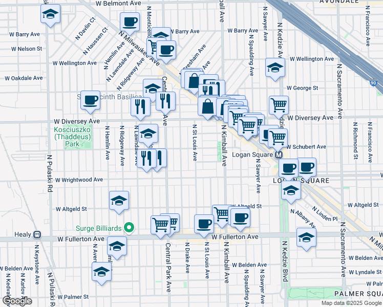 map of restaurants, bars, coffee shops, grocery stores, and more near 2641 North Drake Avenue in Chicago