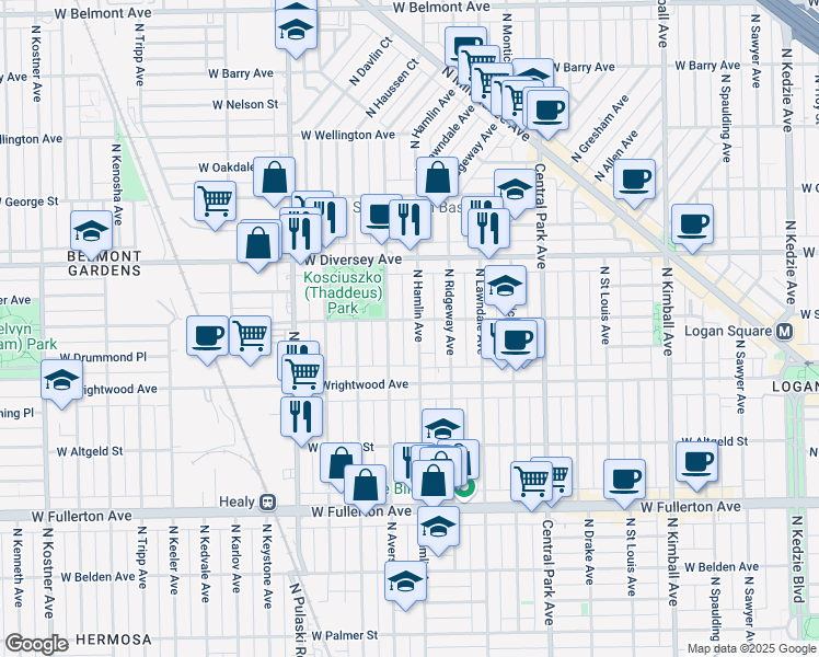 map of restaurants, bars, coffee shops, grocery stores, and more near 2641 North Avers Avenue in Chicago