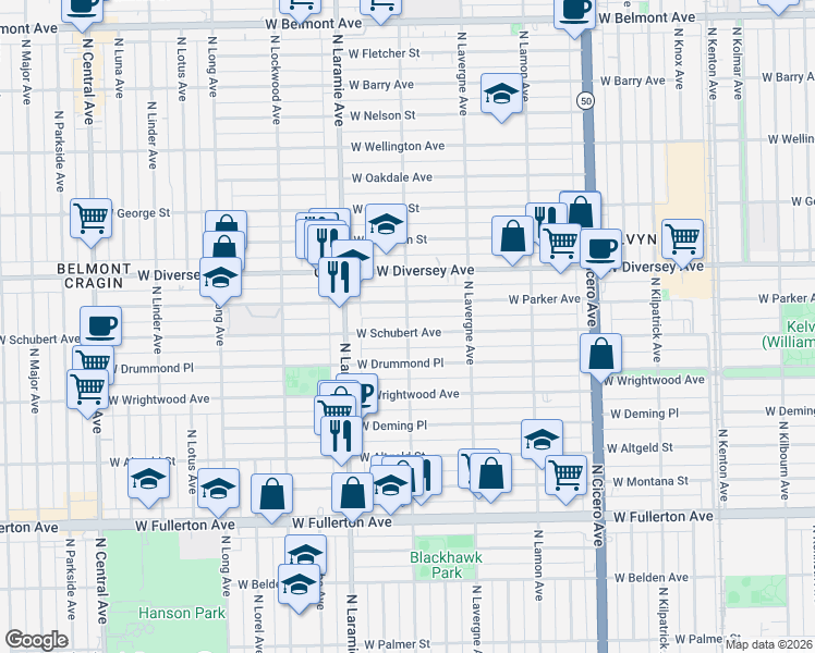map of restaurants, bars, coffee shops, grocery stores, and more near 5115 West Schubert Avenue in Chicago