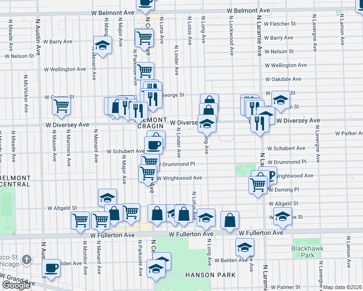 map of restaurants, bars, coffee shops, grocery stores, and more near 5454 West Schubert Avenue in Chicago