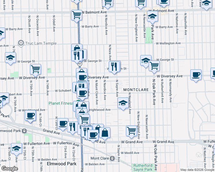 map of restaurants, bars, coffee shops, grocery stores, and more near 2715 North Nordica Avenue in Chicago