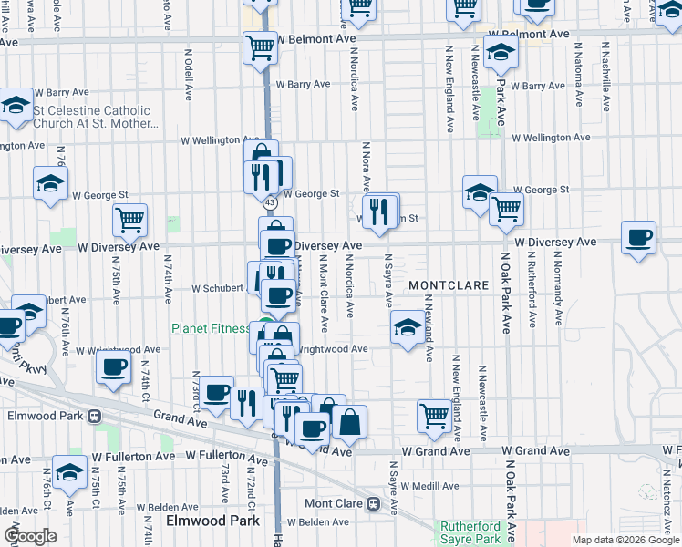 map of restaurants, bars, coffee shops, grocery stores, and more near 2715 North Nordica Avenue in Chicago