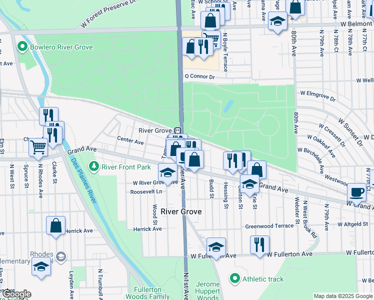 map of restaurants, bars, coffee shops, grocery stores, and more near 2725 Thatcher Avenue in River Grove