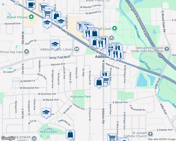 map of restaurants, bars, coffee shops, grocery stores, and more near 112 North Church Street in Addison
