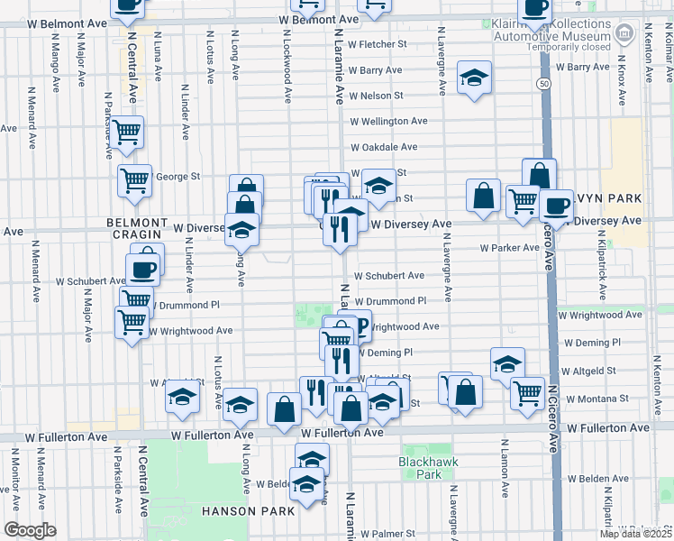 map of restaurants, bars, coffee shops, grocery stores, and more near 5206 West Schubert Avenue in Chicago