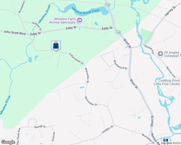 map of restaurants, bars, coffee shops, grocery stores, and more near 175 South Worcester Street in Taunton