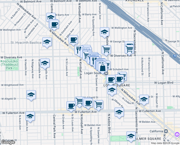 map of restaurants, bars, coffee shops, grocery stores, and more near 2649 North Spaulding Avenue in Chicago