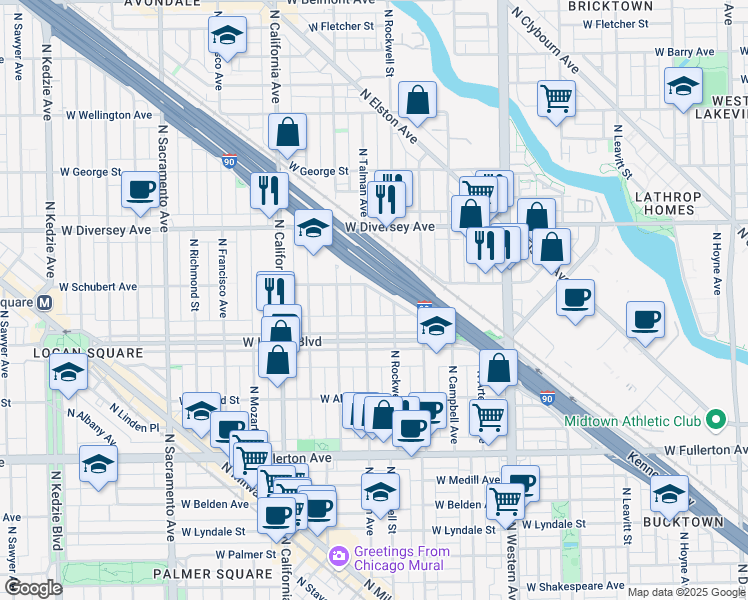 map of restaurants, bars, coffee shops, grocery stores, and more near 2626 North Rockwell Street in Chicago