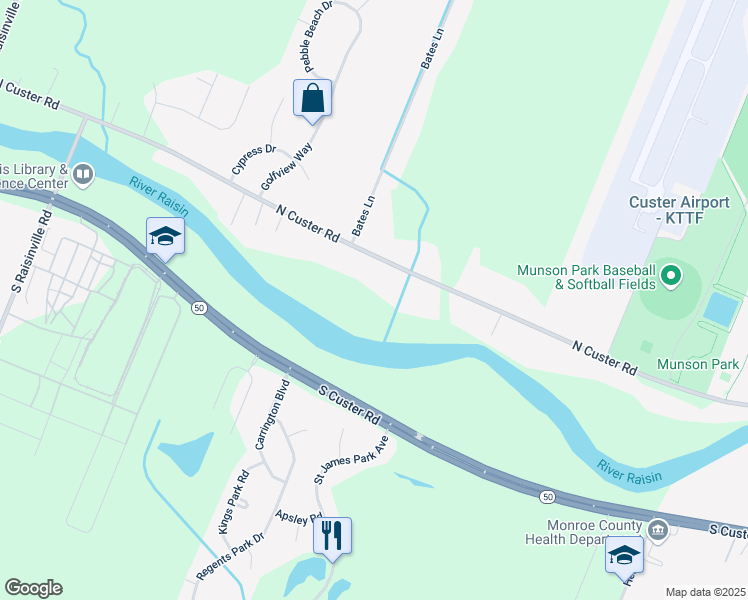 map of restaurants, bars, coffee shops, grocery stores, and more near 3173 North Custer Road in Monroe