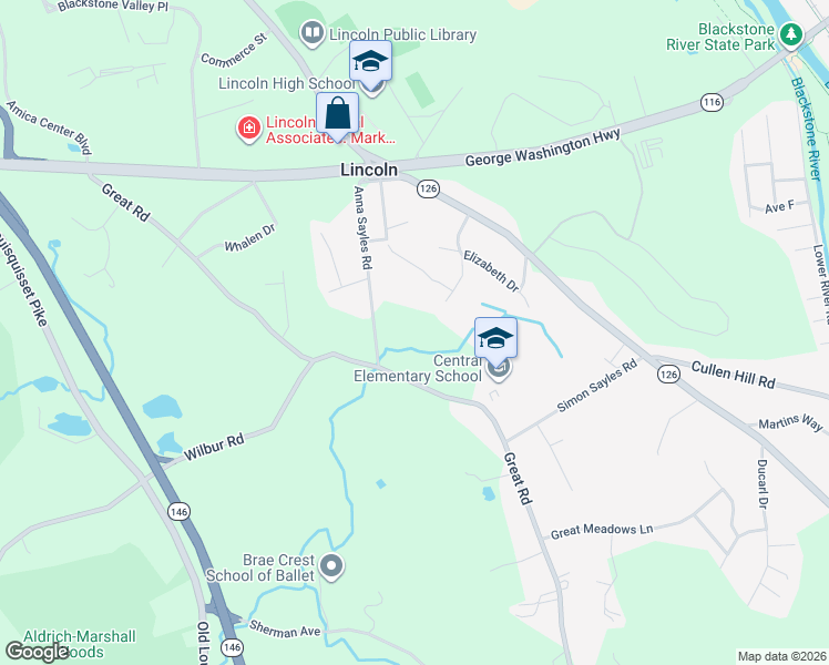 map of restaurants, bars, coffee shops, grocery stores, and more near 8 Anna Sayles Road in Lincoln