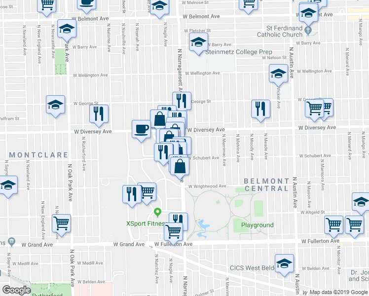 map of restaurants, bars, coffee shops, grocery stores, and more near 2719 North Narragansett Avenue in Chicago