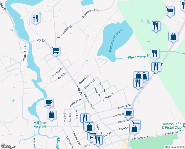 map of restaurants, bars, coffee shops, grocery stores, and more near 30 Waverly Street in Taunton