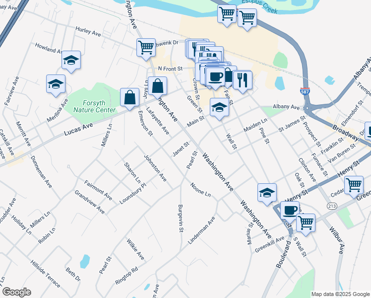 map of restaurants, bars, coffee shops, grocery stores, and more near 155 Pearl Street in Kingston