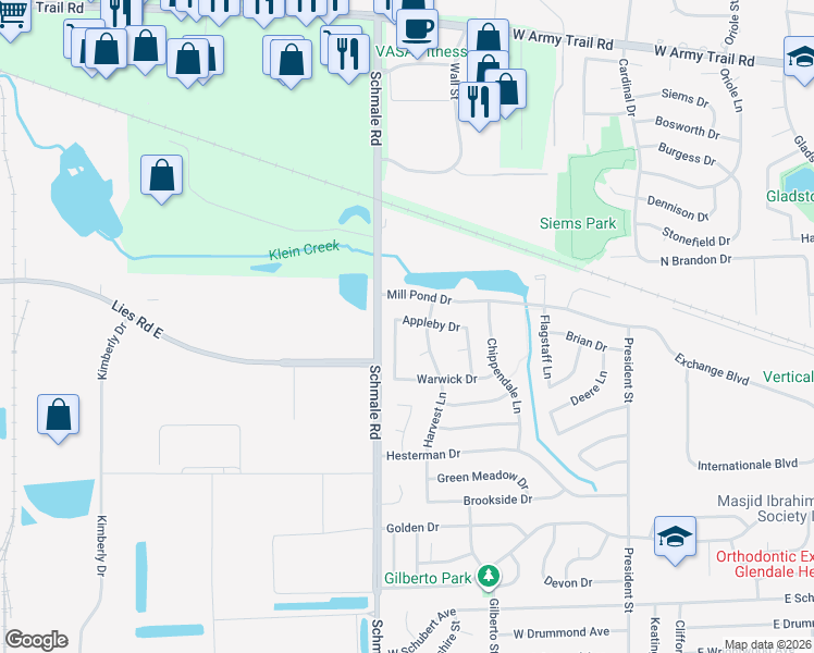 map of restaurants, bars, coffee shops, grocery stores, and more near 1944 Harvest Lane in Glendale Heights